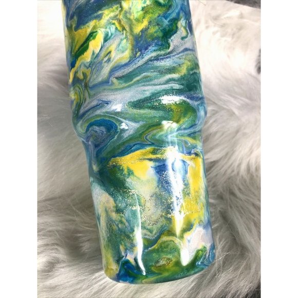 Handmade Other - 32 Ounce Tumbler Hand Painted Teal’s Blues Yellows Pearls & Glitter Lid Custom